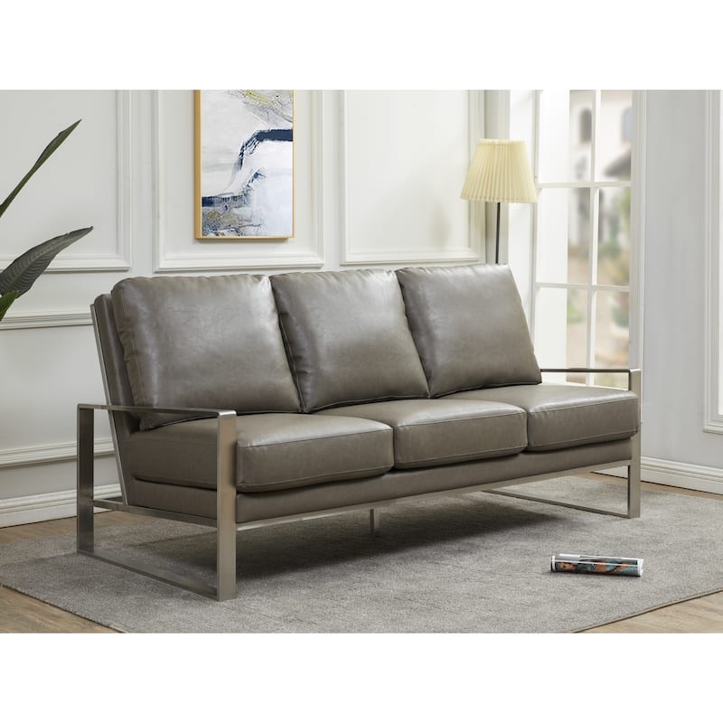 Jefferson 77" Modern Faux Leather Sofa - Mid-Century Couch with Brushed Silver Stainless Steel Frame for Living Room or Office