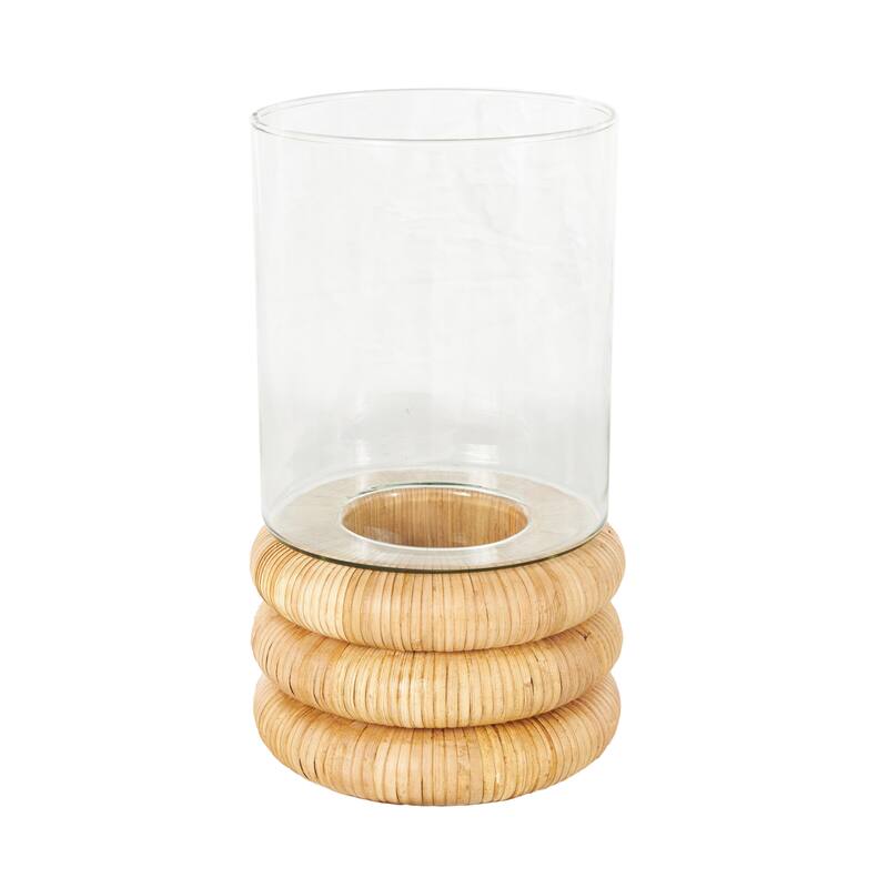 Clear Glass Round Room Hurricane Lamp with Light Brown Woven Base - 8"W x 8"L x 13"H