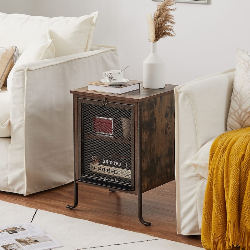 Modern Nightstand with Pull-out Shelf and Mesh Cabinet, Brown