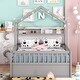 preview thumbnail 15 of 22, Pine Wood House-Shaped Bed with Twin Size Retractable Trundle, Kids Toddler Platform Bed with Apex Roof & Shelf, Full Size