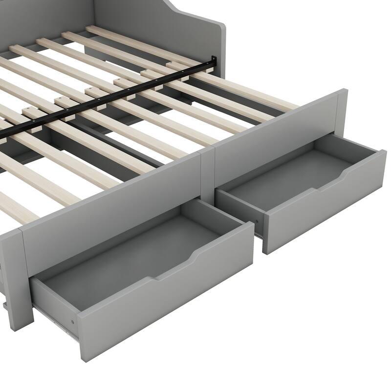 Twin to King Size Daybed Frame with Storage Bookcases and 2 Drawers