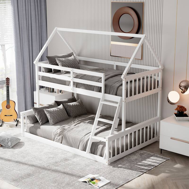 Costway Twin Over Full House Bunk Bed with Ladder & Guardrails - See Details