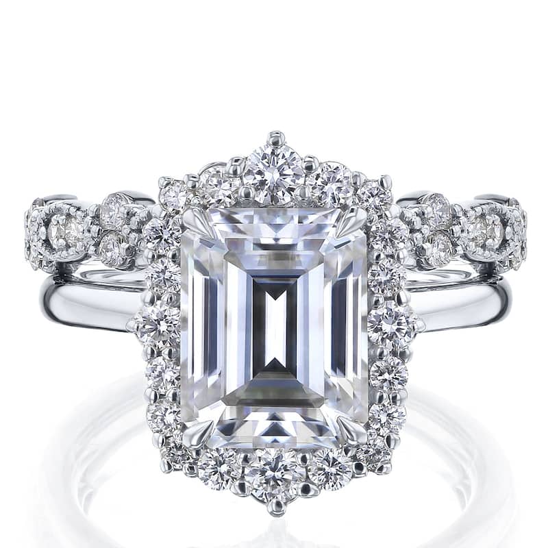 Kobelli 3.5 Carats Emerald Diamond 14k Solid Gold Rococo Halo Vintage Style Eilish Bridal Rings 2pc Set (DEF/VS, Certified) - 9 - White