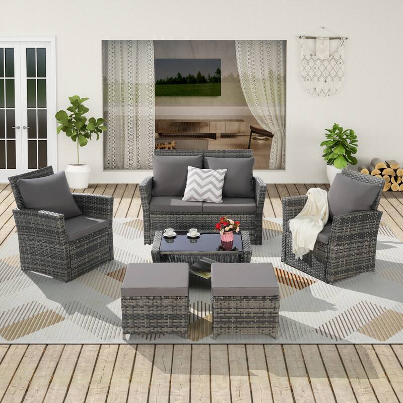 6 Pcs Patio Furniture Set, Outdoor Wicker Sectional Sofa Set, 2 Armchairs, 2 Ottomans and Tempered Glass Top Coffee Table