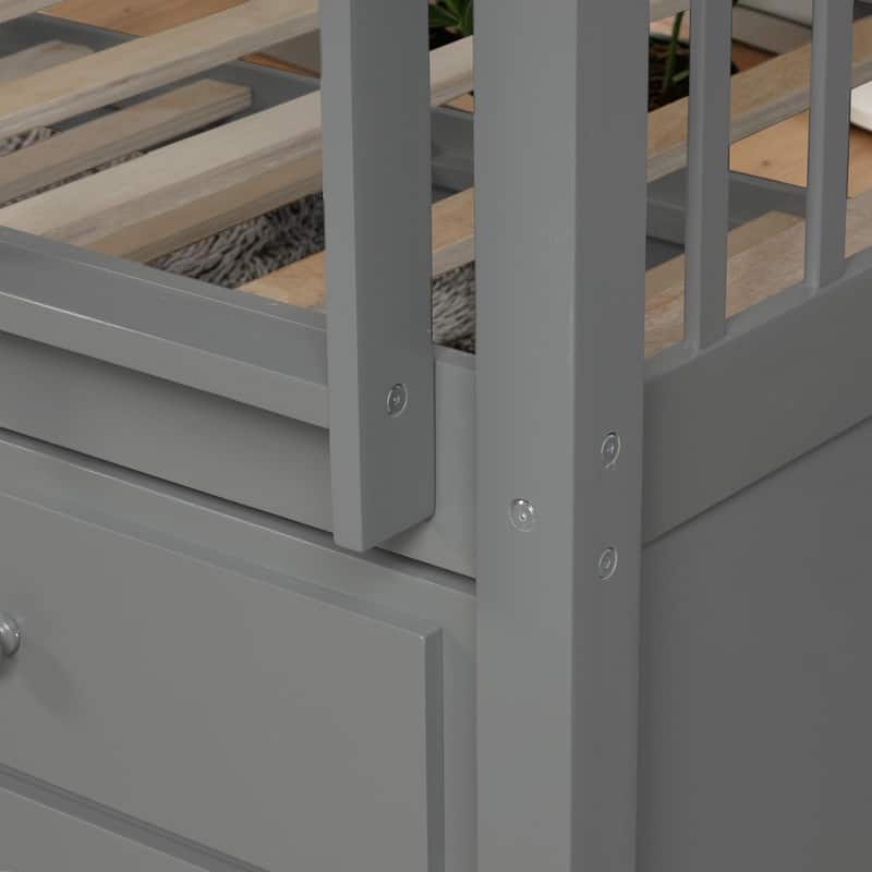 Twin Over Twin Bunk Bed with Trundle and 3 Drawers, Wooden Bunk Bed with Ladder and Safety Rails, Space Saving