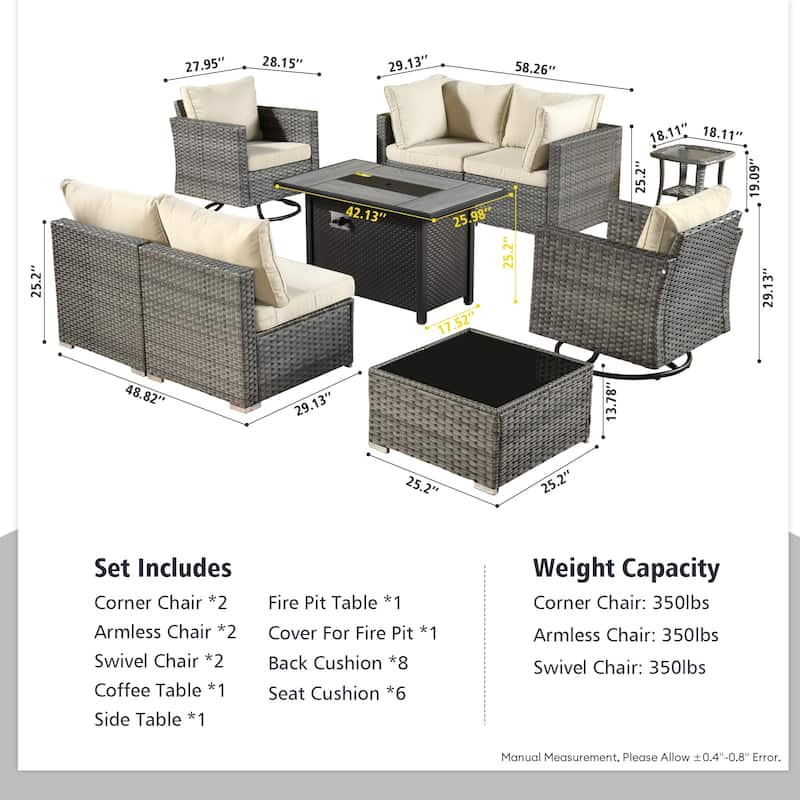 HOOOWOOO 9-piece Grey Rattan Outdoor Furniture Fire Pit Set with Swivel Chairs
