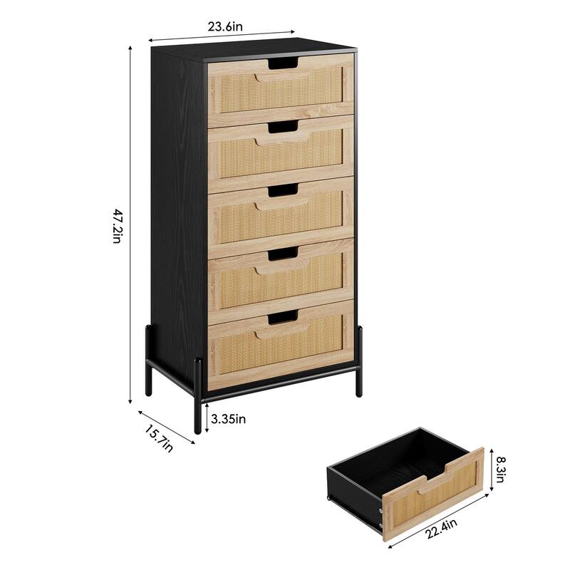 5/6 Drawer Dresser for Bedroom, Natural Rattan Modern Wooden Dresser, Farmhouse Storage Cabinet Chest