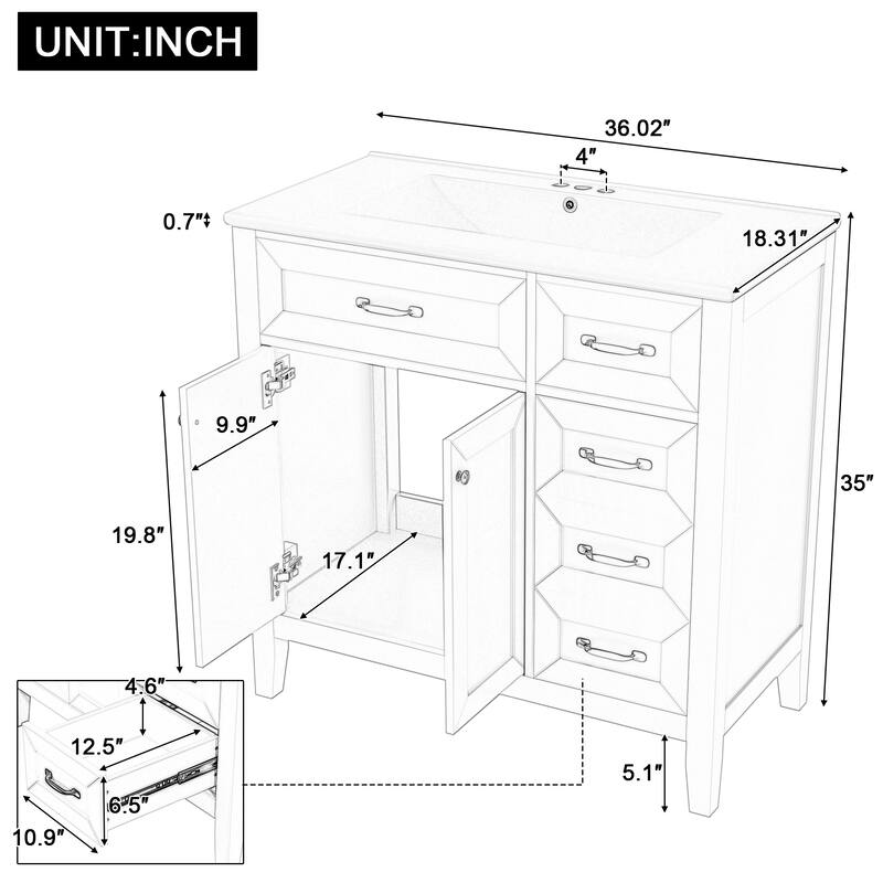 36" Bathroom Vanity with Sink Combo, Gray Bathroom Cabinet with Drawers, Solid Frame and MDF Board