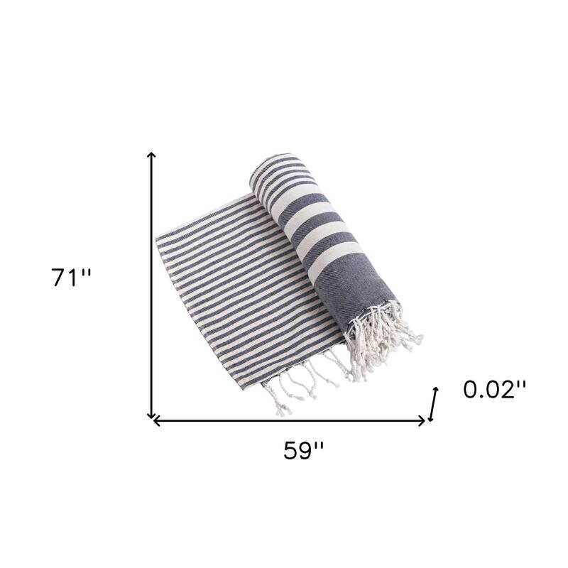 HomeRoots 59" X 71" Blue and White Cotton Plain Weave Striped Throw Blanket with Tassels