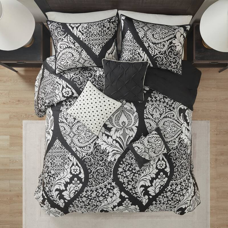 7 Piece Cotton Printed Comforter Set Black Queen