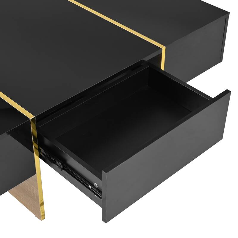 47.2" High Glossy Coffee Table with 2 Drawers and Golden Wood Grain Legs