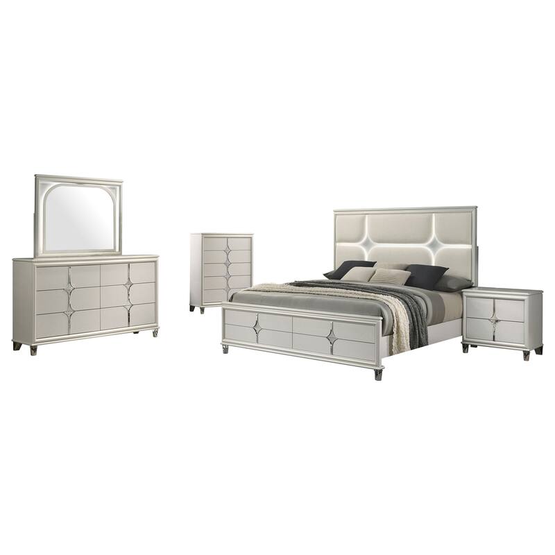 Ory 5pc Queen Bedroom Set, Touch LED, Diamond Star Design, White Wood