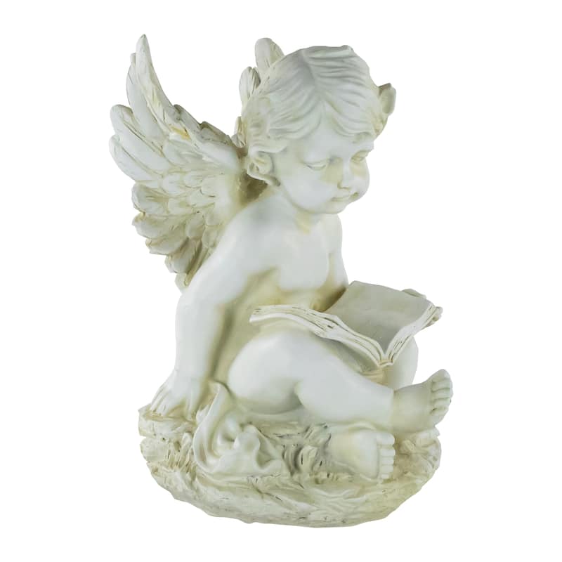 11.5" Ivory Sitting Cherub Angel with Book Outdoor Patio Garden Statue