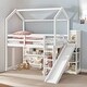 preview thumbnail 1 of 10, Twin Size Wood House Loft bed with Slide, Storage shelves & Light, Climbing Ramp, White White