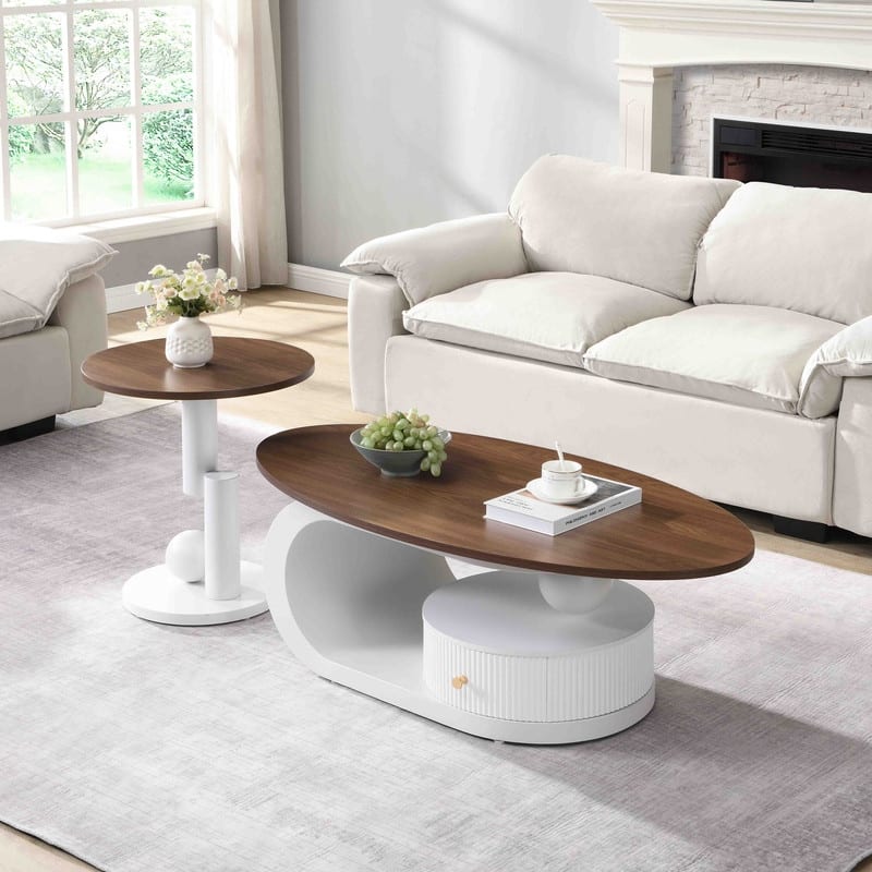 Luxury 2-Piece Nesting Coffee Table Set - Oval & Round Storage Tables for Living Room