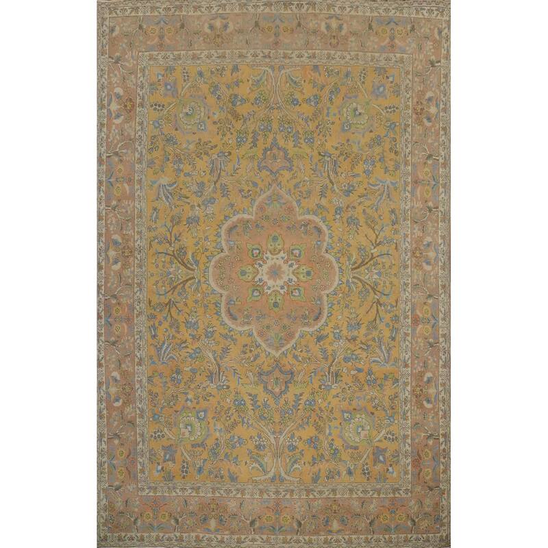 Hand Knotted Oriental 100% Wool Carpet Traditional Floral Yellow & Gold Mashad Area Rug - 12' 11'' X 9' 7''