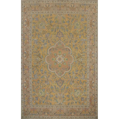 Hand Knotted Oriental 100% Wool Carpet Traditional Floral Yellow & Gold Mashad Area Rug - 12' 11'' X 9' 7''