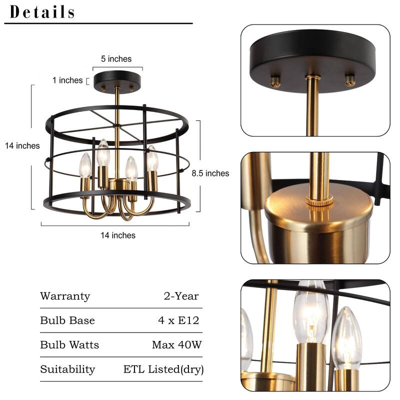 Modern 4-Light Black Gold Drum Semi Flush Mount Foyer Kitchen Ceiling Lights