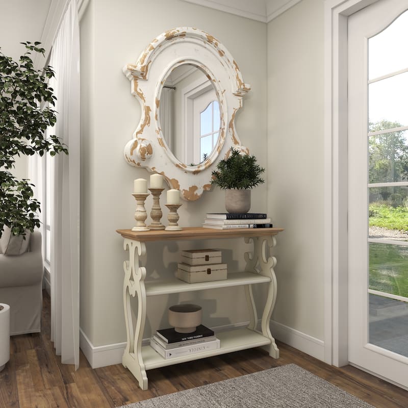 Fiberglass Distressed Antique Arched Oval Room Wall Mirror - White or Cream - Roche River Decor
