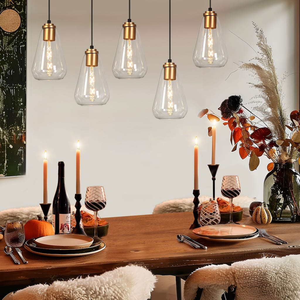 Modern Farmhouse 5-Light Black Gold Chandelier Linear Design with Clear Glass Kitchen Island Light for Dining Room