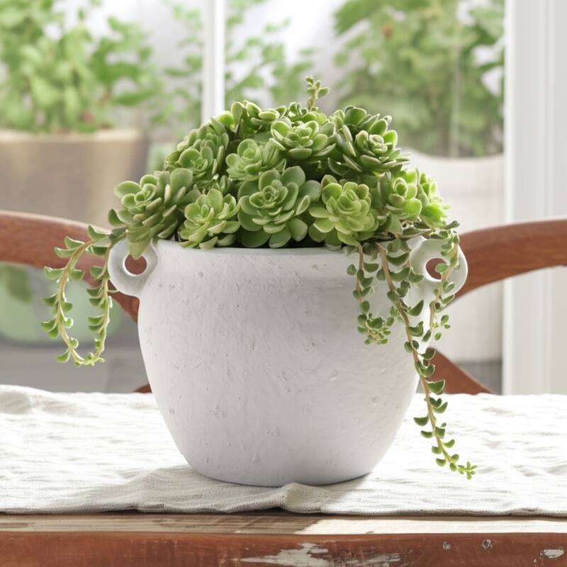 Planter Stoneware Ceramic Textured Surface With Dual Side Handles and Drainage Hole for Home or Garden Decor - 6" White
