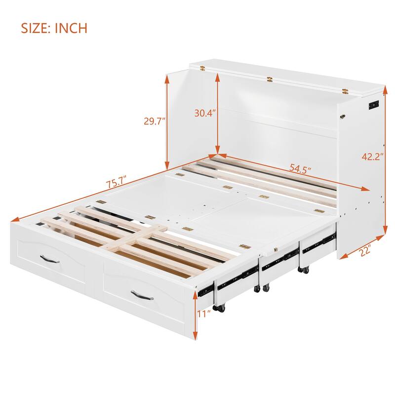 Full/Queen Size Murphy Wall Bed with USB Ports, Power Outlets, Drawers, Pulley System and Foldable Cabinet Design