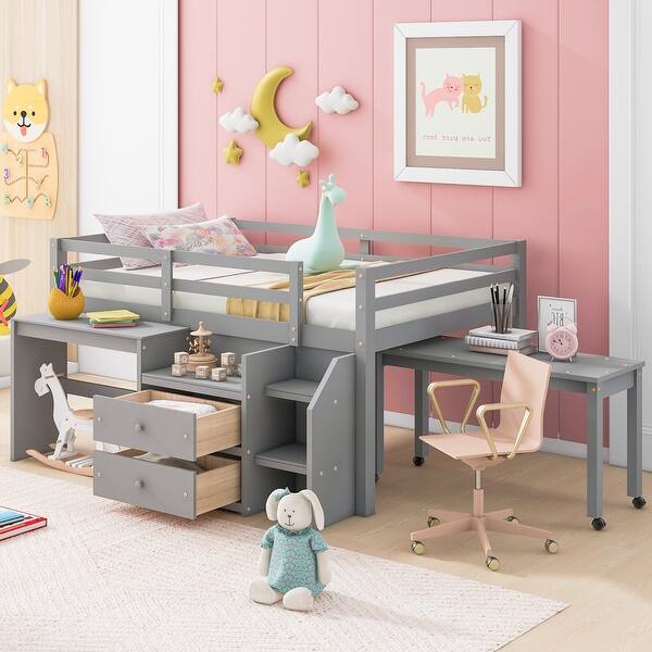 slide 2 of 9, Gray Wooden Loft Bed with Movable Desk and Small desk, 2 Drawers, Full-Length Guardrail Full - Gray