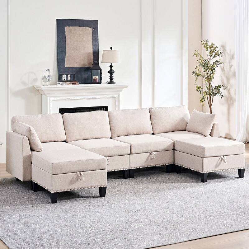 Mixoy Rivet Design Flexible Combination Reversible 4-Seater Modular Sofa with Storage Ottomans,Linen Convertible Sleeper Sofa