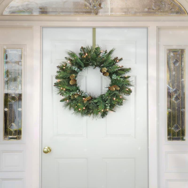 National Tree Company Pre-Lit Artificial North Conway Wreath with Glittery Cones and Eucalyptus, 50 Clear Lights- UL - 2 ft