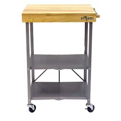 Foldable Wheeled Portable Steel Frame Solid Wooden Top Kitchen Island Bar Cart with Open Shelving and Built-in Towel Rack