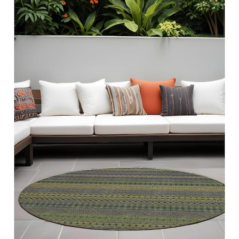 Jaso Stripe Weather Resistant Blended Style Outdoor Rug - 8' Round - Green