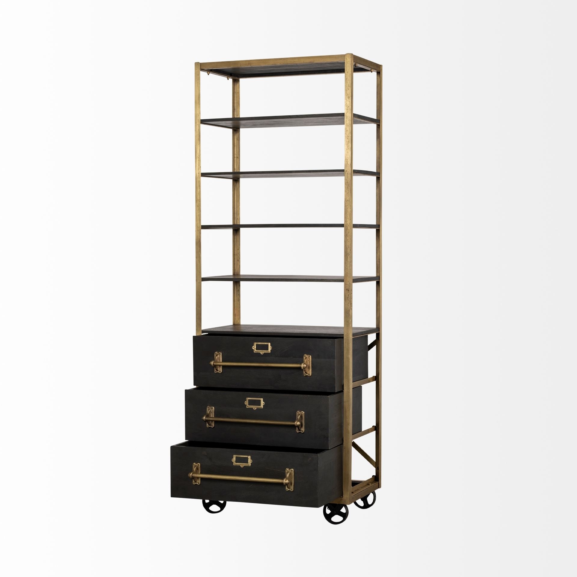Shop Black Friday Deals On Mercana Hudson I 32l X 18w X 90h Dark Brown Wood And Gold Metal Four Shelf Rolling Shelving Unit 32 0l X 18 0w X 88 0h On