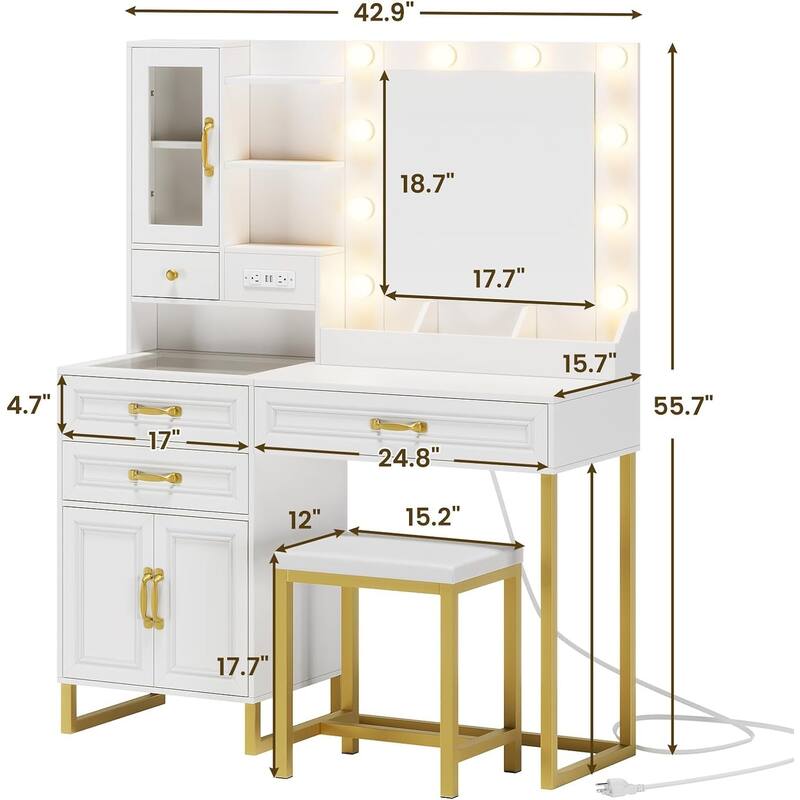 Vanity Desk Set 10 Hollywood Lights Mirror Bench Charging Station