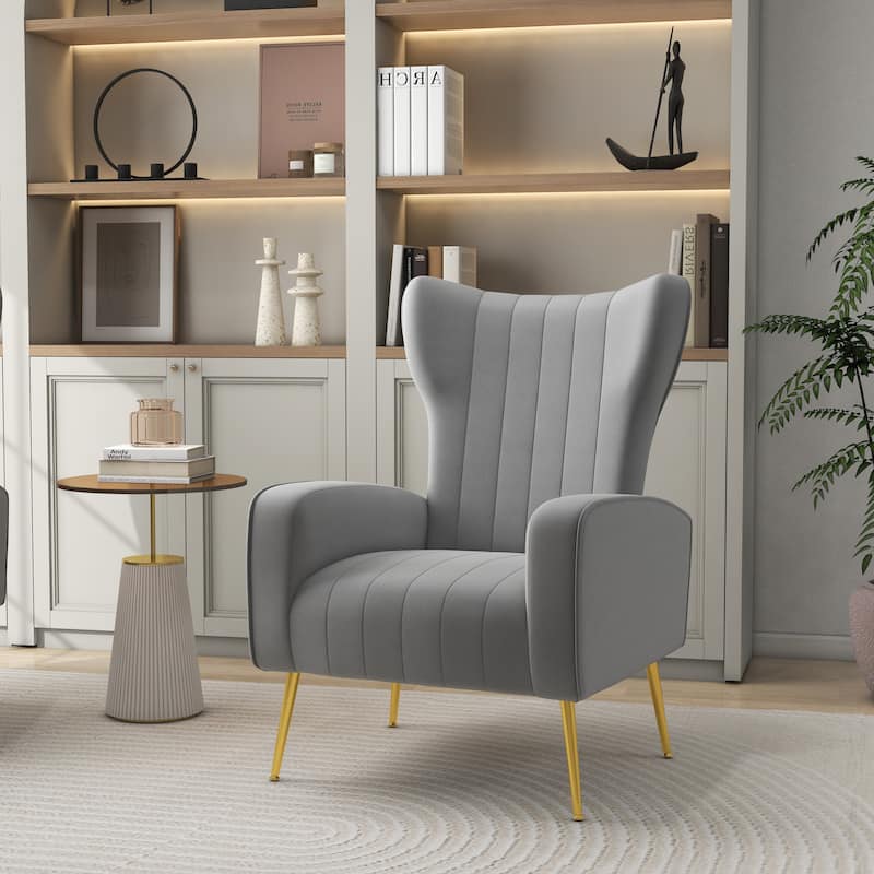 Velvet Stripe Wingback Accent Chair with Metal Legs for Living Room