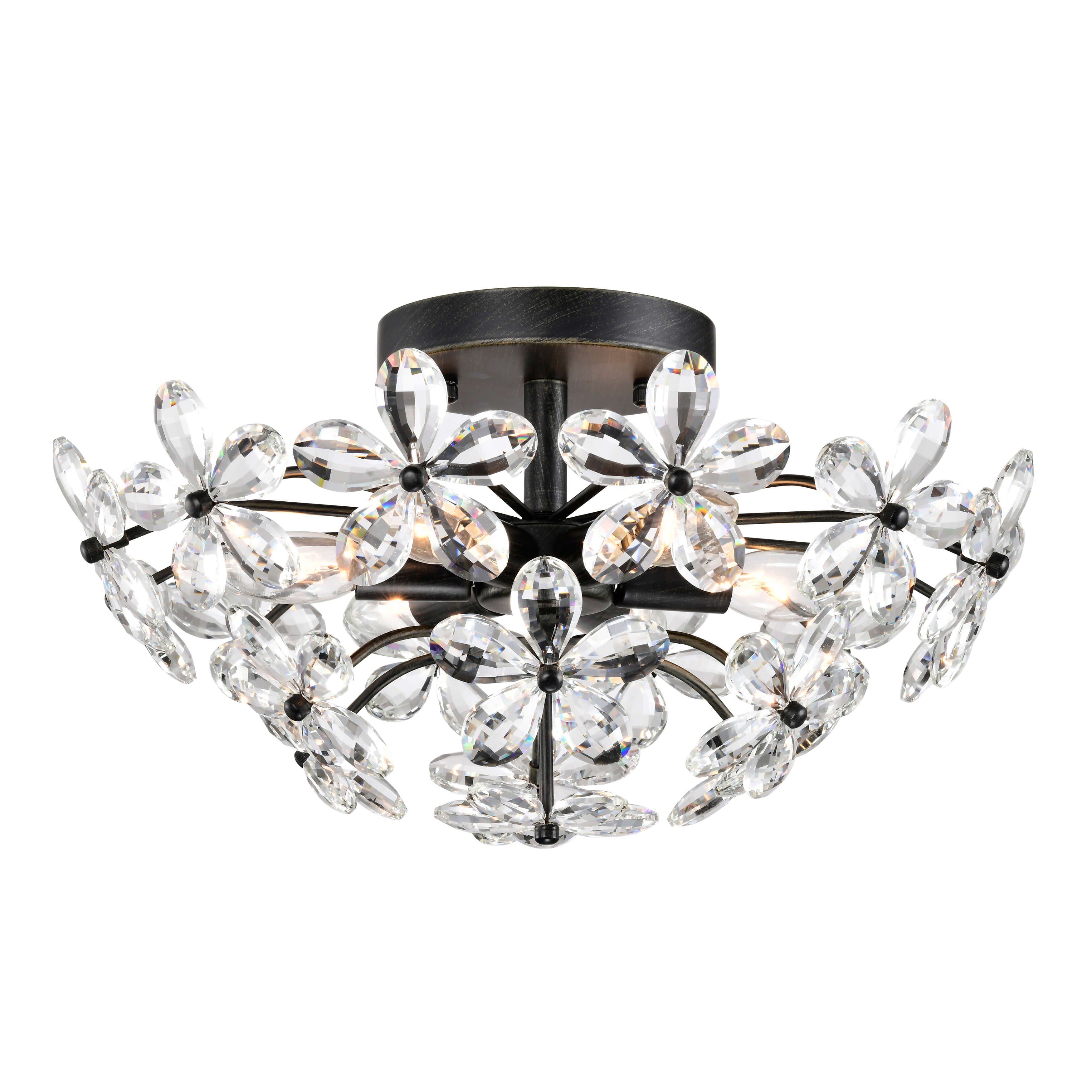 Rosa 6 Lights Antique Black Daisy Flower Crystal Flush Mount