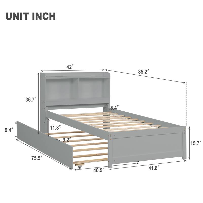 Full/Twin Storage Bed with Trundle and Bookcase Headboard, Pine Wood Bed Frame with Shelves, Space-Saving Design