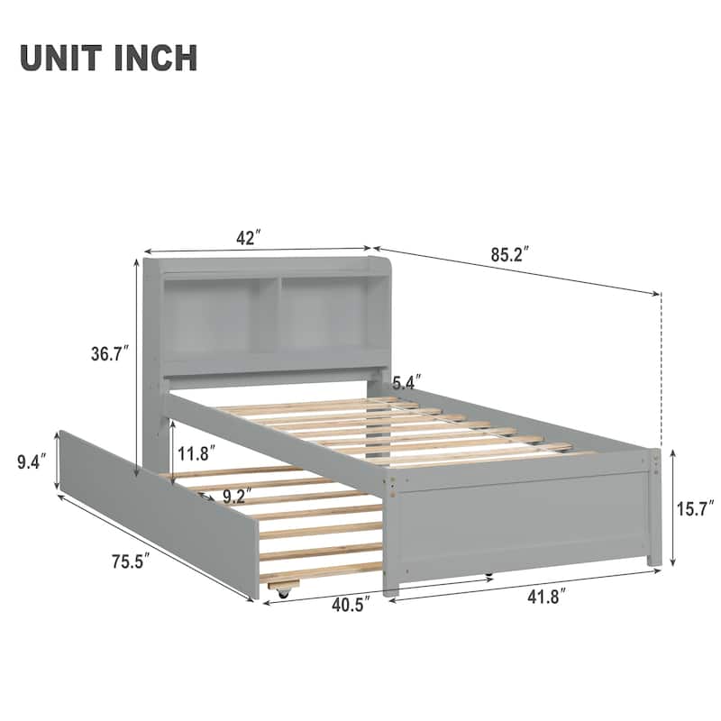 Twin/Full Bed Frame with Pull-Out Trundle and Bookcase Headboard, No Box Spring Needed