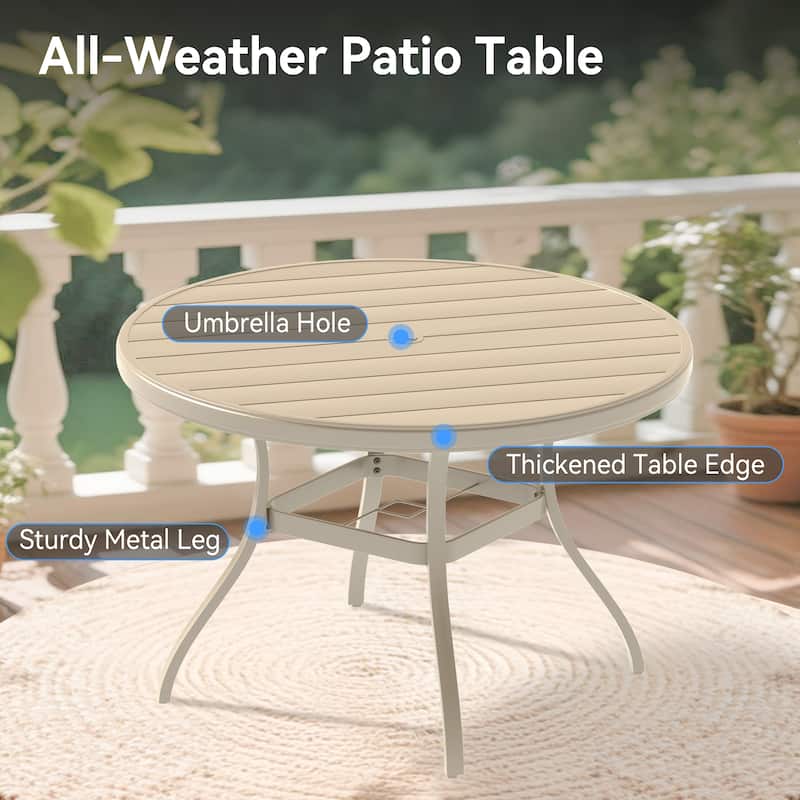 VRSHWO Outdoor Round Patio Dining Table for 4-6, All Weather Metal Dining Table with Umbrella Hole for Deck Lawn Garden Backyard