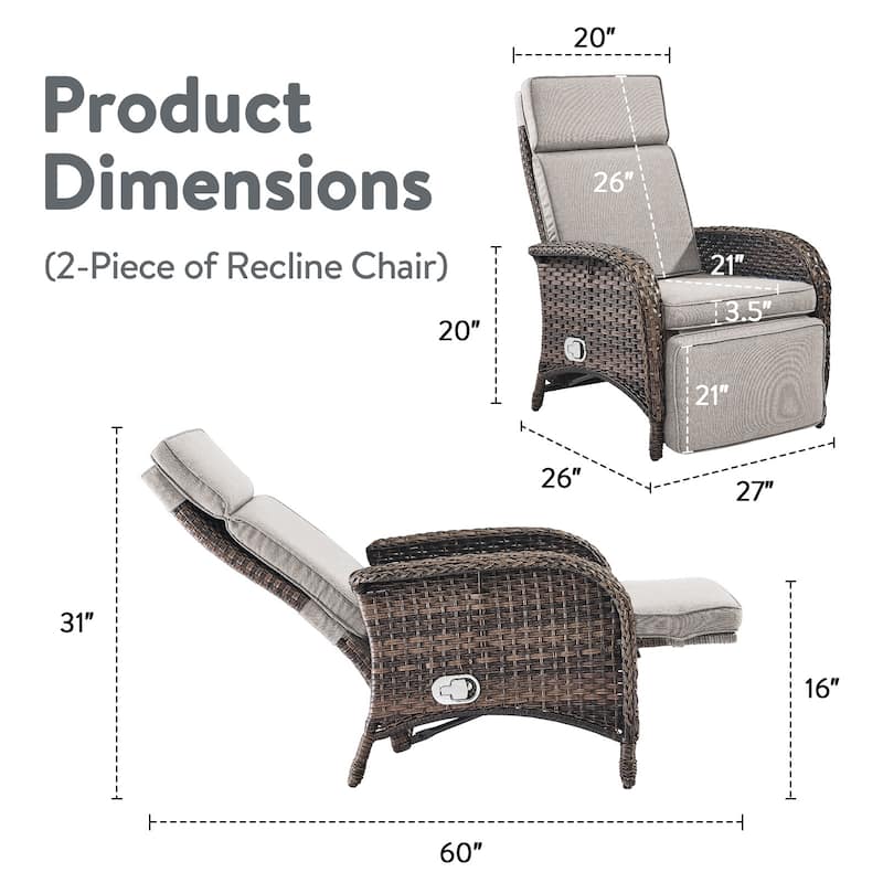 Outdoor PE Wicker Chaise Lounge Chairs Set of 2 - Brown