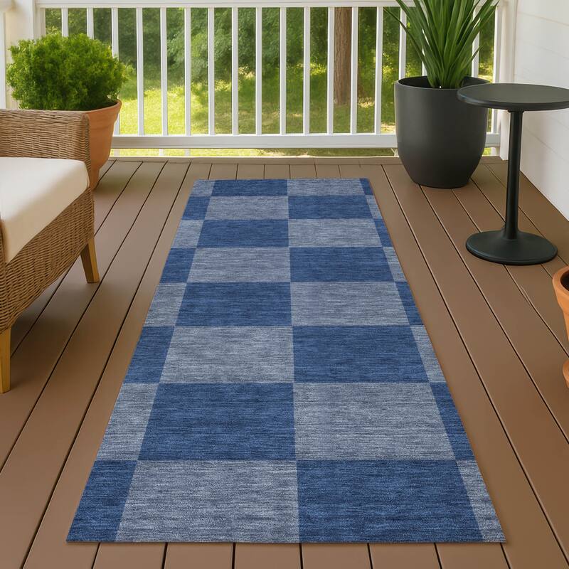 Machine Washable Indoor/ Outdoor Modern Checker Chantille Rug - Blue - 2'3" x 7'6"