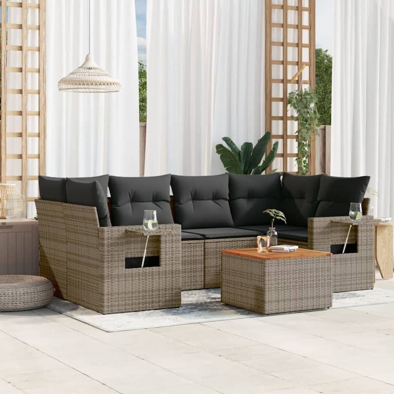 vidaXL Garden Sofa Set 7 Piece with Cushions Outdoor Sofa Set Poly Rattan - 21.7 x 21.7 x 14.6 in (W x L x H) - Grey