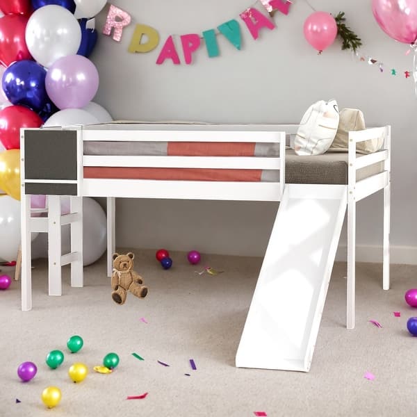 slide 2 of 42, Modern Full Size Wood Loft Bed With Convertible Ladder and Slide With Stair and Chalkboard White