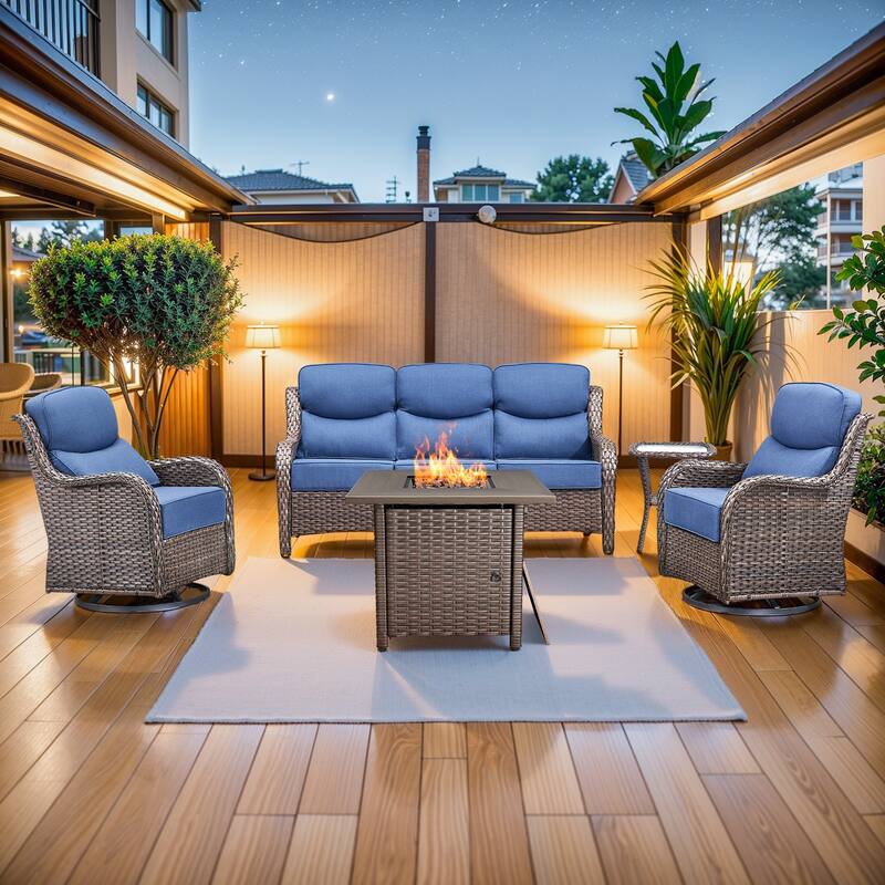 Pocassy 5 Pieces Outdoor 6" Sofa Swivel Chair with Fire Pit Table - Brown Wicker - Blue cushion