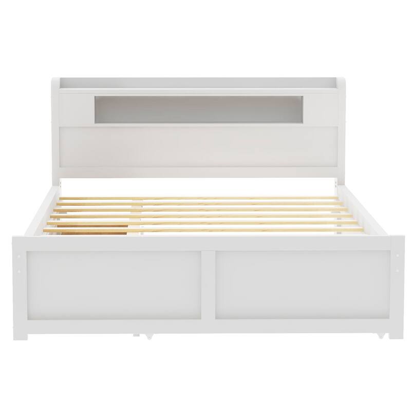 Queen Size Platform Bed with LED Headboard, Trundle & Drawers