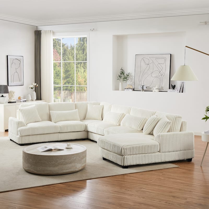 Corduroy Sectional Sofa U-shaped Sofa Couch, Upholstered Deep Seat Sofa with Cushions and Pillows for Living Room