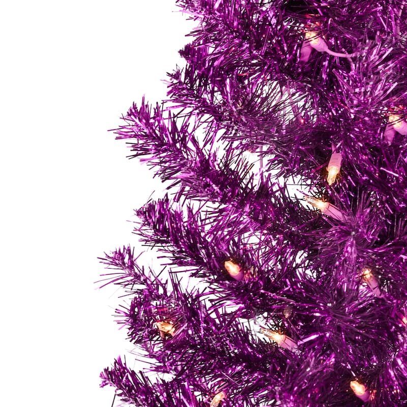 Pre-Lit Artificial Tinsel Christmas Tree - 3' - Purple - Clear Lights - 3 Foot