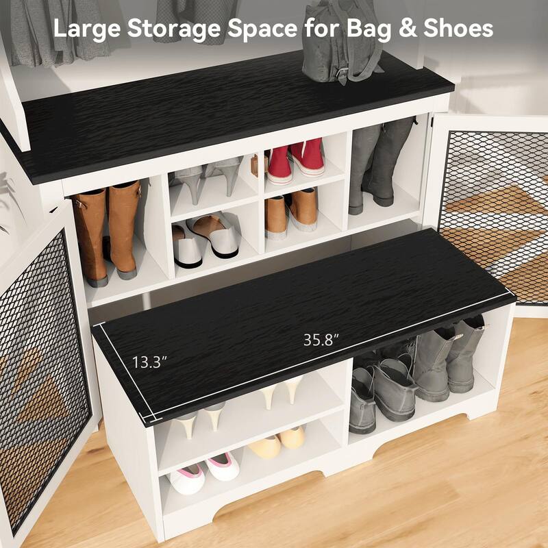 Gymojoy 77" Hall Tree with Bench & Shoe Storage, 4-in-1 Farmhouse Entryway Organizer for Mudroom, Hallway