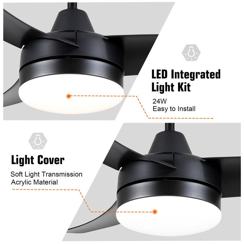 42 in. Black modern Ceiling Fan with Light and Remote Control, Reversible DC Motor - 42 Inches