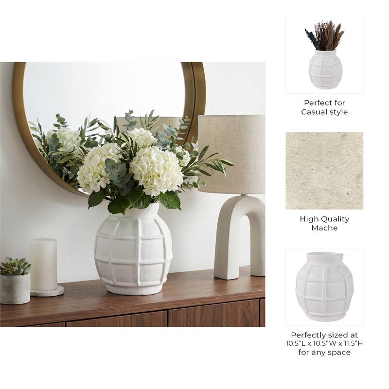Paper Mache Raised Grid Texture Modern Vase - White, 11"