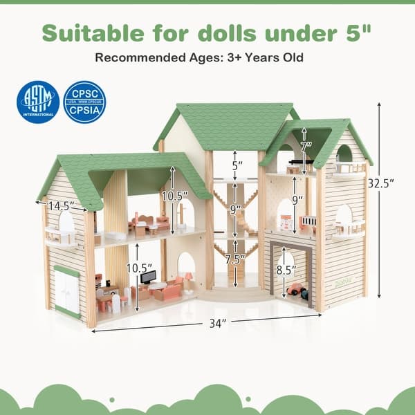 Wooden Corner Dollhouse Playset with 6 Rooms and 36 Pieces for Kids 3+ Years Old - 34" x 14.5" x 32.5" (L x W x H)